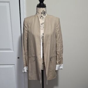 Premium Shesmiss Cuffed 3/4 Sleeve Blazer Jacket Cardi Khaki Tan Sz 6 Linen